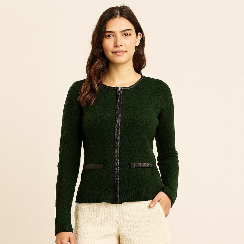 Tahari Crewneck Green Knit Zip Cardigan Faux Leather trim